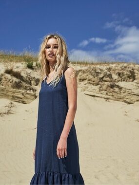 P cill linen maxi tiered dress navy blue cottage mersea minimalist quince pact S